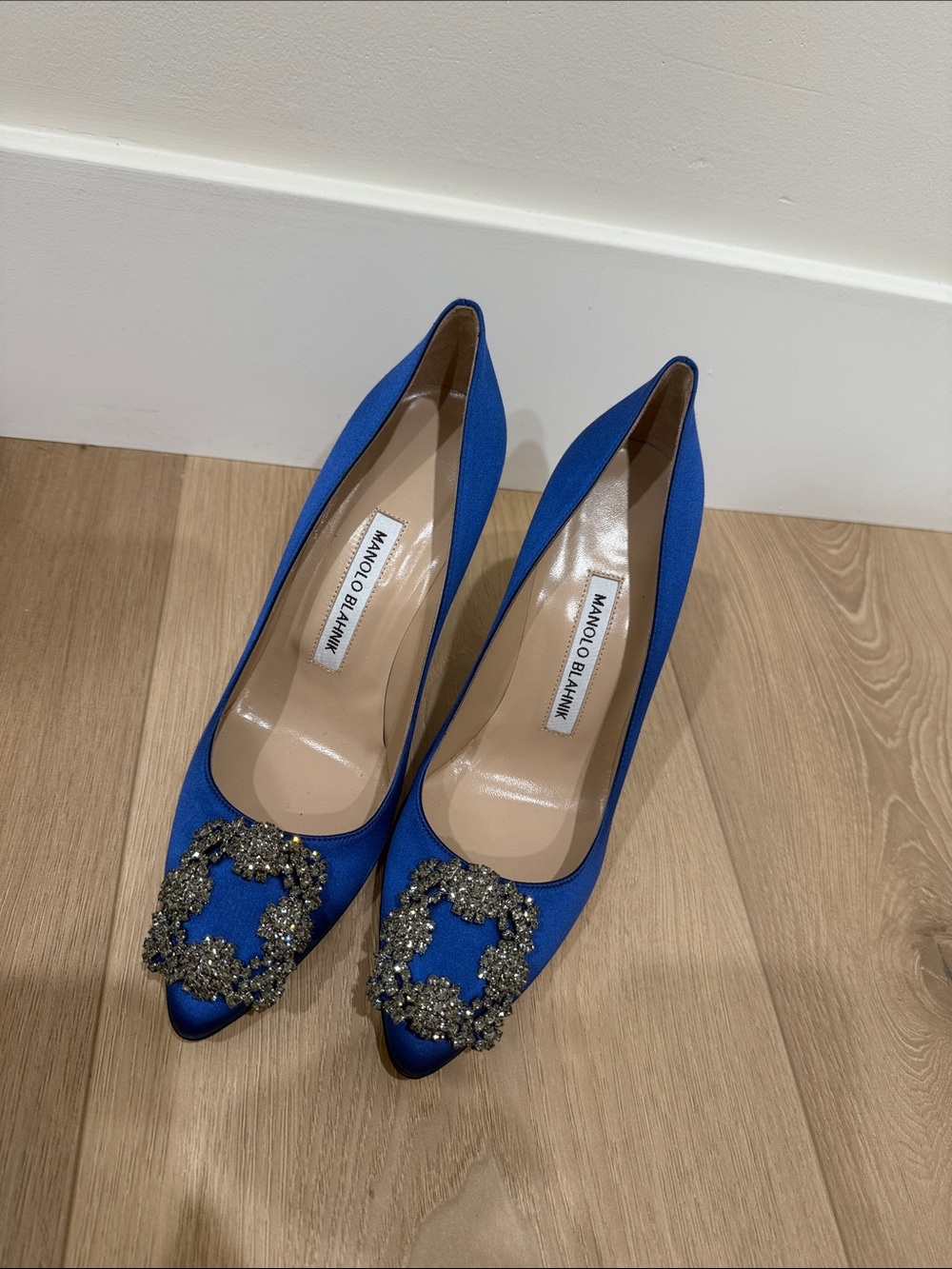 Manolo Blahnik Royal Blue Satin Crystal Buckle Pumps